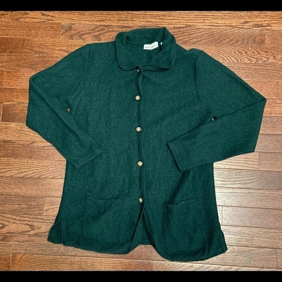 Vintage Womens M 100% Wool Sweater Cardigan Evergreen Button Up With Pockets - Picture 2 of 12